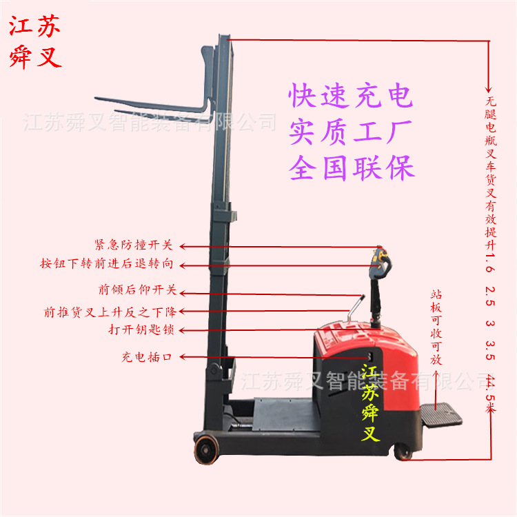1吨2吨无腿电动堆高车托盘堆垛机电瓶升高车液压装卸车全自动叉车