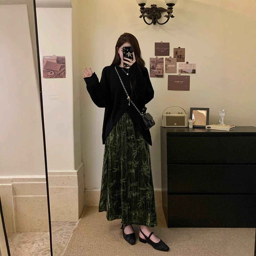 Женский свитер нестандартной формы в китайском стиле больших размеров с эластичной резинкой на талии, жаккардовый вельветовый костюм с темным узором, повседневная мода