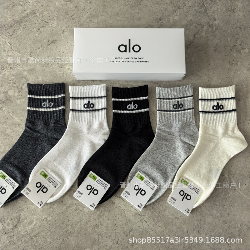 alo 新品袜子男女棉袜中筒运动款跑步袜盒装四季吸汗透气中筒袜批|undefined