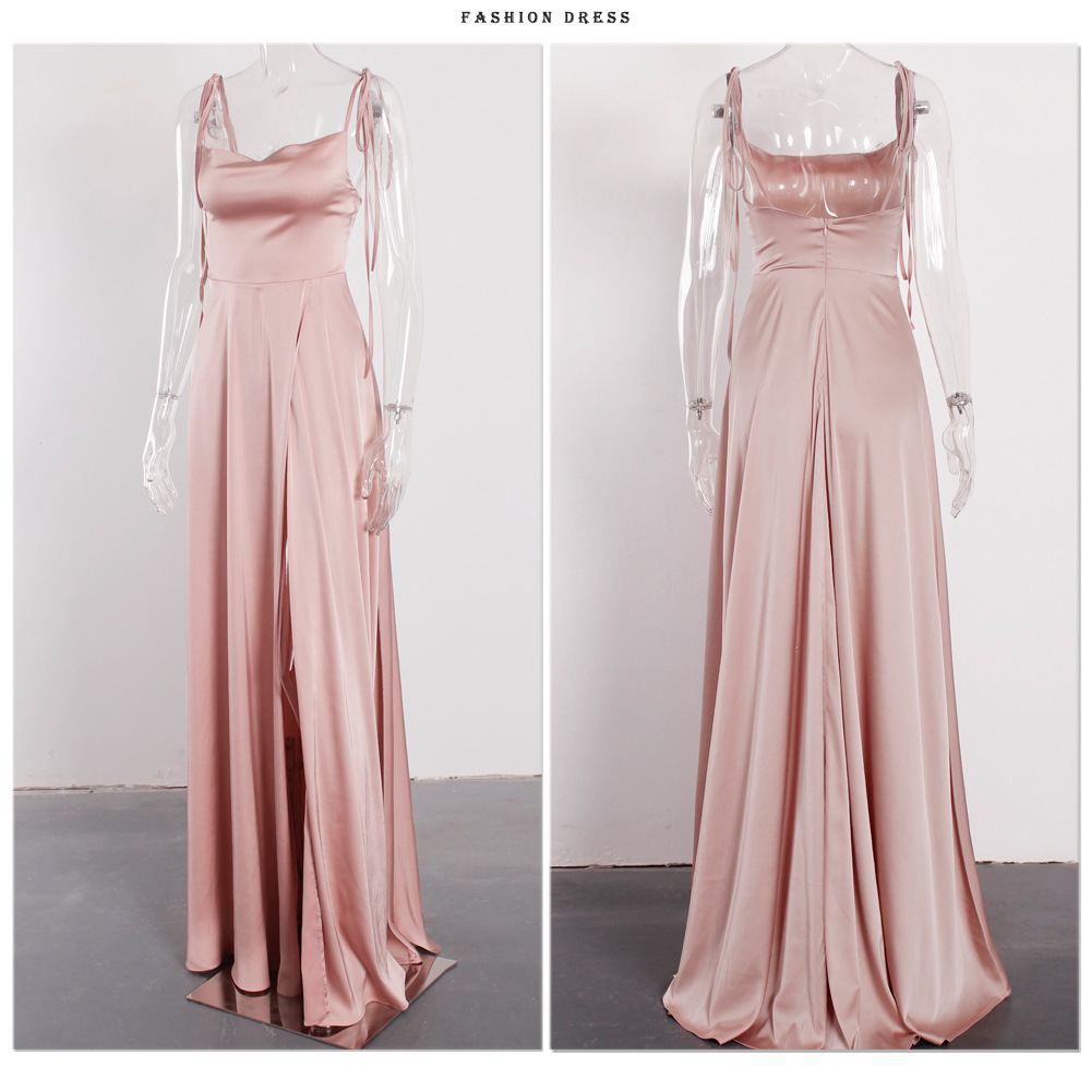 Women's Evening Dress Satin Square Neck Split Long Prom Gown_voghion.com