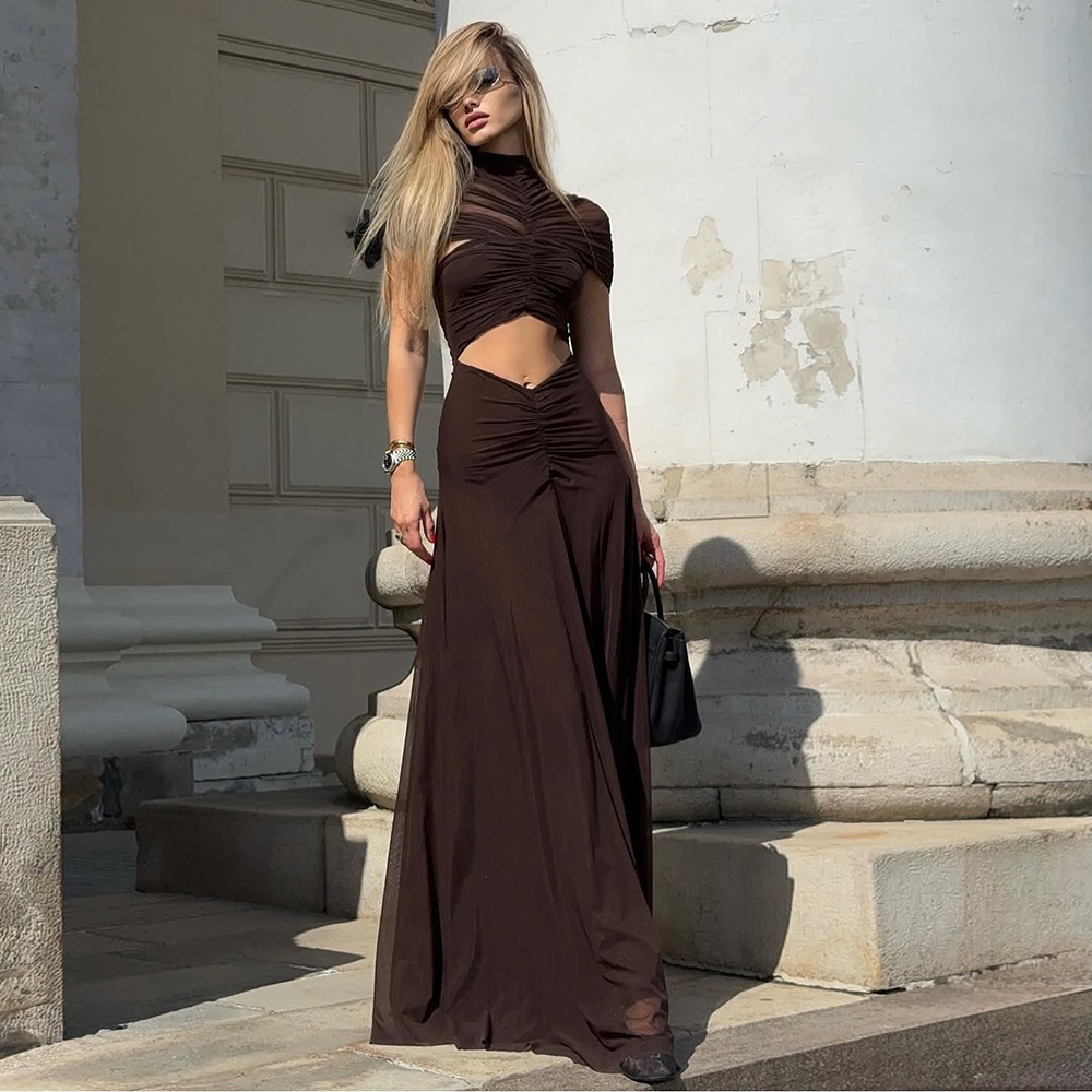In Stock | Women's Sexy Maillard Midriff-Baring Dress with Large Skirt, Mesh Dress, European and American Evening Gown.