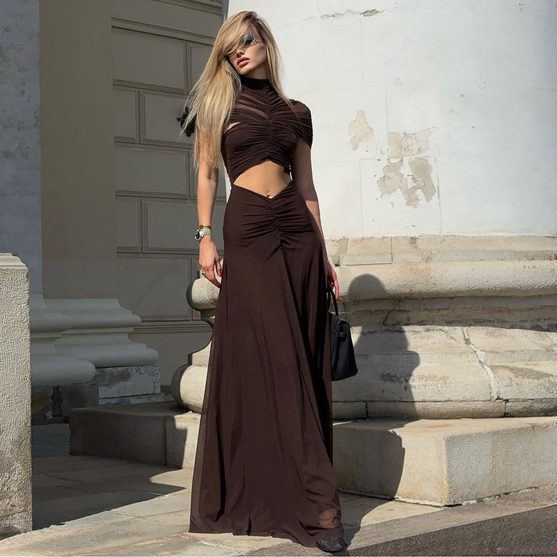 In Stock | Women's Sexy Maillard Midriff-Baring Dress with Large Skirt, Mesh Dress, European and American Evening Gown.
