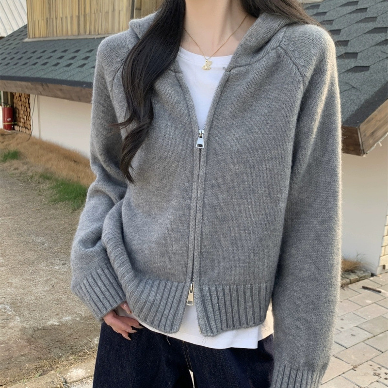 Coreana doble cremallera con capuz de punto Cardigan de mujer otoño invierno exterior diseño sensación perezosa suave abrigo de suéter de aire