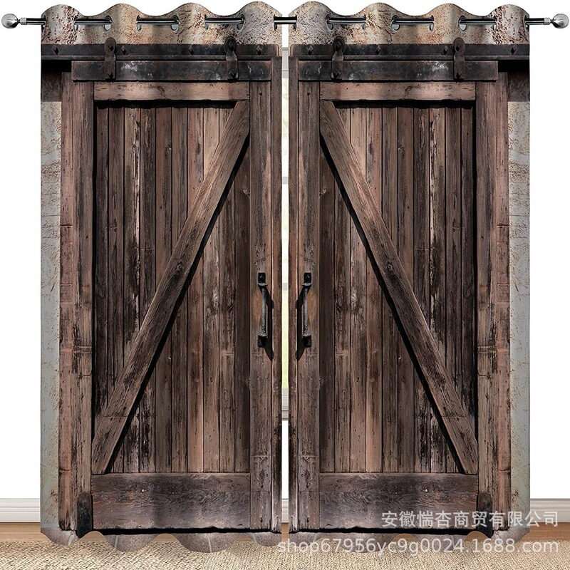 Country Style Wooden Barn Door High Blackout Curtain Vintage Brown Wooden Barn Door Farmhouse Country Decorative Curtain