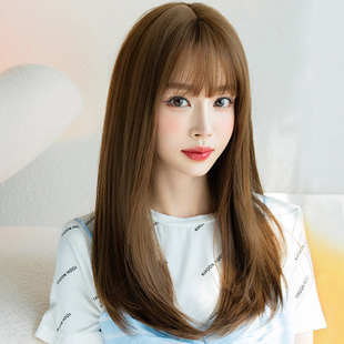Manufacturer Wholesale Women's Long Straight Hair Full Head Cover with Inner Button Air Bangs Temperament to Reduce Age New Fluffy Artificial Hair Cover