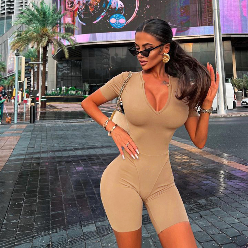 Popular Sexy Tight Jumpsuit Spring Summer Short Sleeve V Neck Patchwork Bottoming Shirt Women