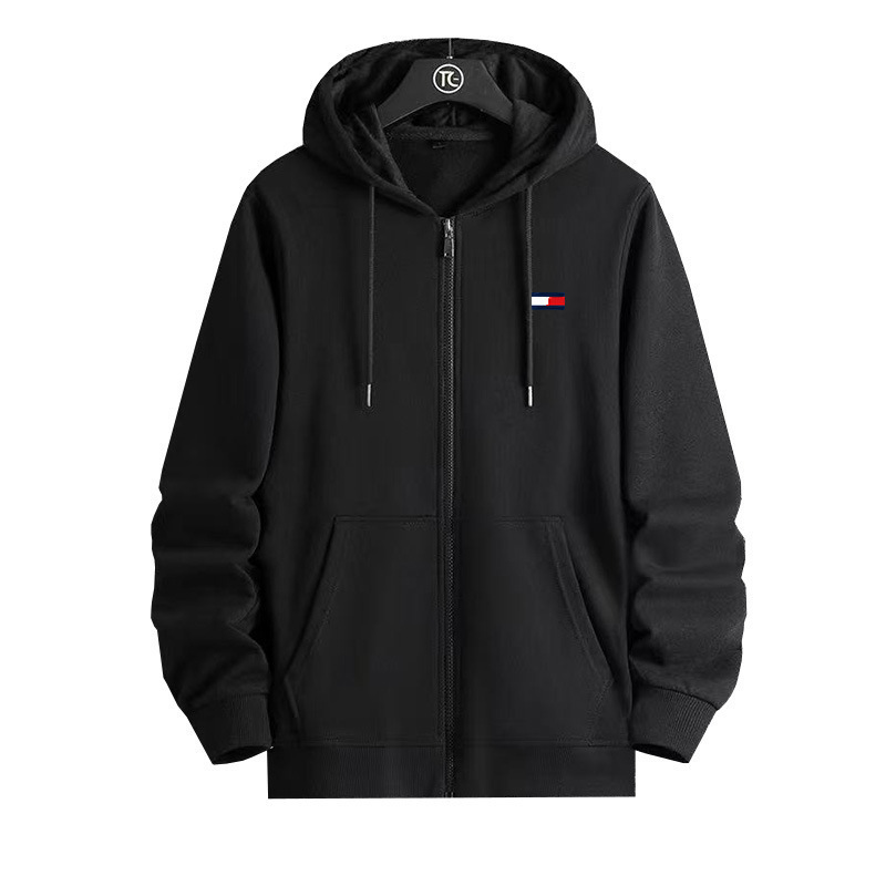 Embroidered Logo Hooded Long-Sleeve Jacket for Men with Drawstring Zipper Closure, Solid Color Casual Sportswear, Simple and Casual Style