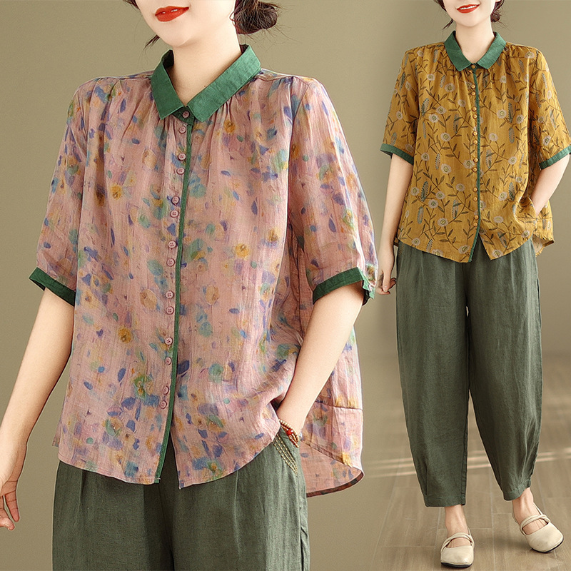 Middle-aged mother summer cotton and linen short-sleeved casual suit women's summer new style linen plus size women's two-piece suit