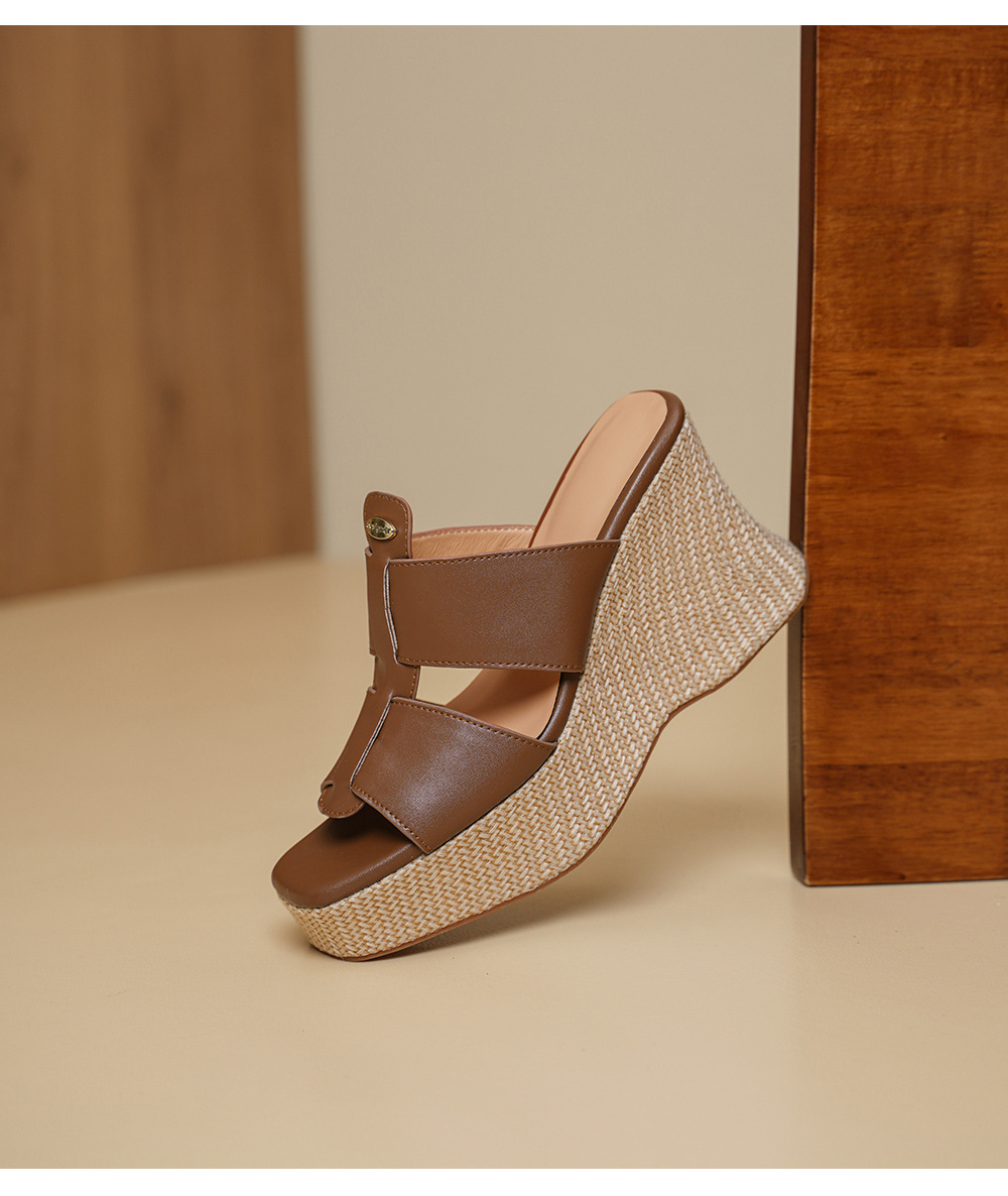 Sandal cao gót nữ hở mũi phong cách Bohemian đế xuồng đan dây — màu nâu, màu mơ chi tiết 15