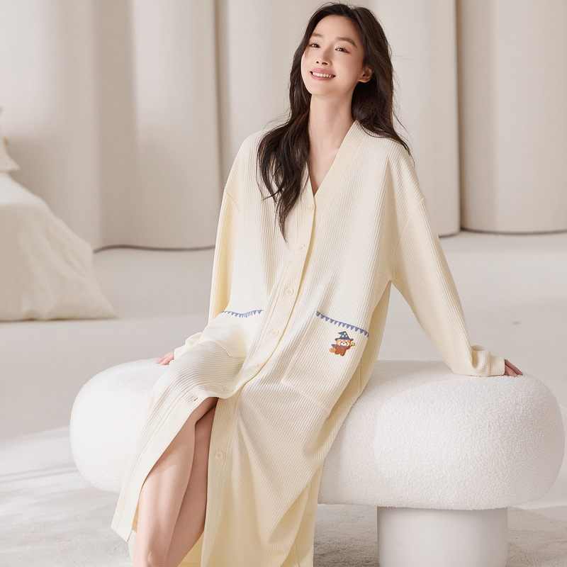 Pure Cotton Waffle Kimono V-Neck Cardigan Nightgown for Women, Spring and Autumn Long-Sleeved Long Dress, Girls' Home Wear
