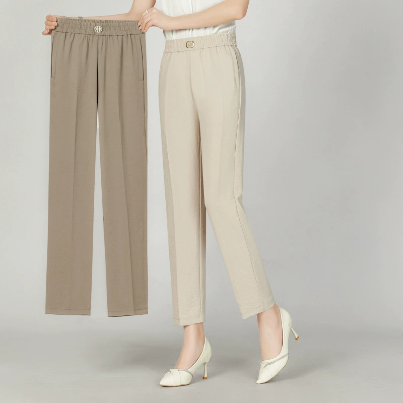 Летние женские брюки однотонные из ледяного шелка, укороченные, новинка 2025 года, для женщин среднего и старшего возраста, с эластичным поясом, прямые, повседневные