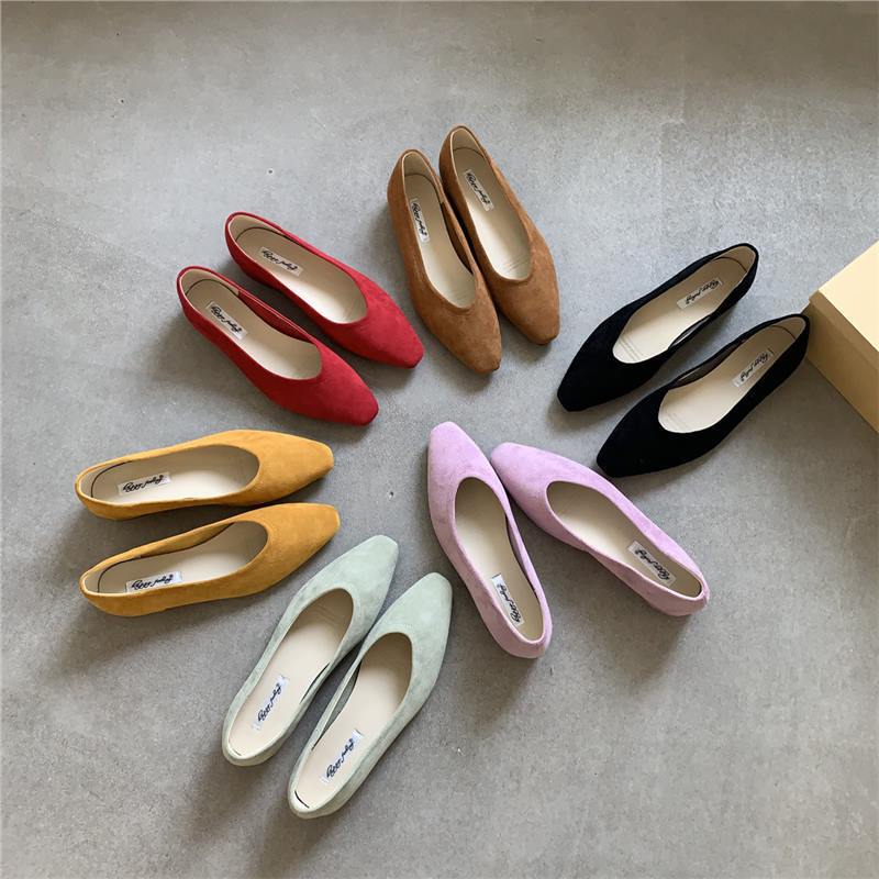 Casual and Versatile Suede Square-Toe Red Small Flats for Women, Small Fresh Fairy Style, Non-Tiring Feet, Commuter Low-Heeled Shoes