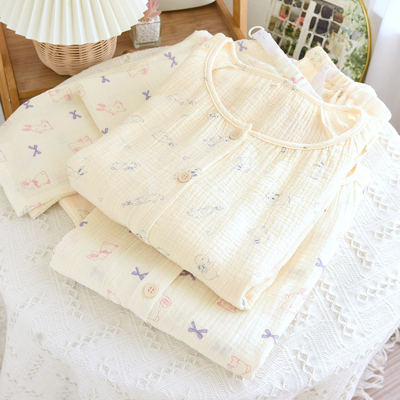 순면 크레페 달 세트 봄과 가을 여름 얇은 산후 임산부 간호 세트 파자마 모성 수유 플러스 지방