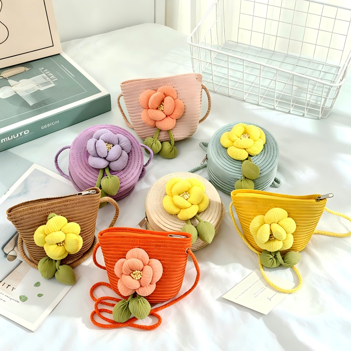 Children's Flower Straw Bag Spring and Summer Cute Small Shoulder Bag for Girls Mini Coin Purse Handmade Woven Cute Phone Bag for Girls