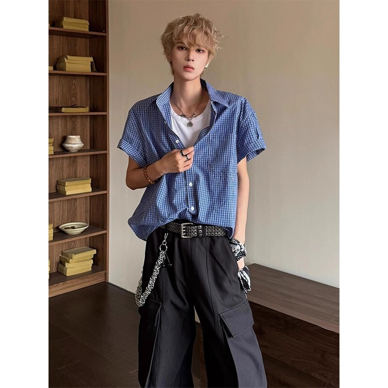 Korean-Style Blue Plaid Short-Sleeved Shirt for Men, New Summer Style, High-Intelligence Plaid Shirt, Boyfriend Style, Workwear, Five-Quarter Sleeves Korean-Style Blue Plaid Short-Sleeved Shirt for Men, New Summer Style, High-Intelligence Plaid Shirt, Boyfriend Style, Workwear, Five-Quarter Sleeves