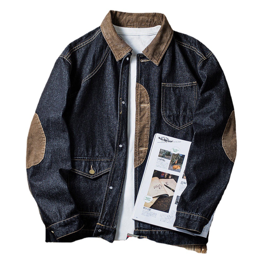 Hombres Denim duro americano retro caza chaqueta de pana costura Denim suelta abrigo moda hombres