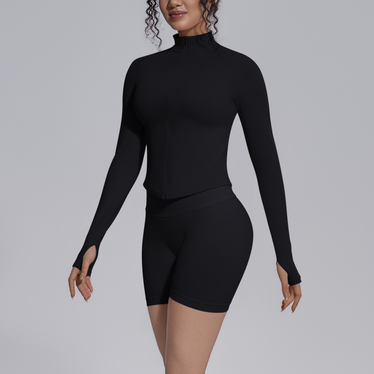 Cross-border sin costuras color sólido apretado elástico transpirable de cuello vertical chaqueta con cremallera deportiva correr fitness yoga set mujer