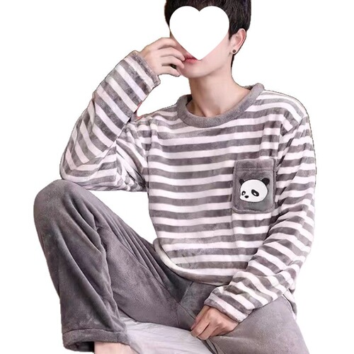 Sleepwear Set for Men - Autumn/Winter Fleece-lined Loose Coral Fleece Warm Men's Youth Can Wear Outside Warm Home Suit