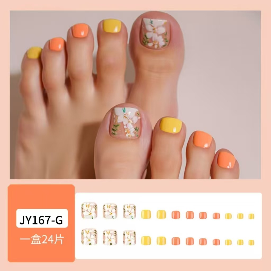 Uñas postizas de moda con diseño floral y hojas verdes, 24 piezas, pegatinas para uñas de los pies, producto terminado, superventas transfronterizo, uñas postizas listas para usar.