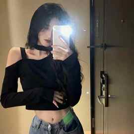设计感黑色长袖打底衫女式性感露肩纯色上衣休闲T恤女装一件代发