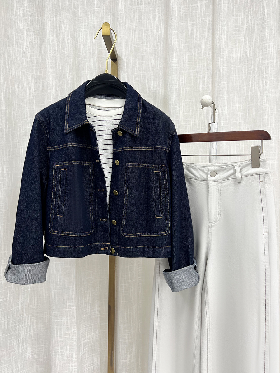 Áo khoác denim nữ phong cách cổ điển tay trễ vai dáng ngắn — màu xanh