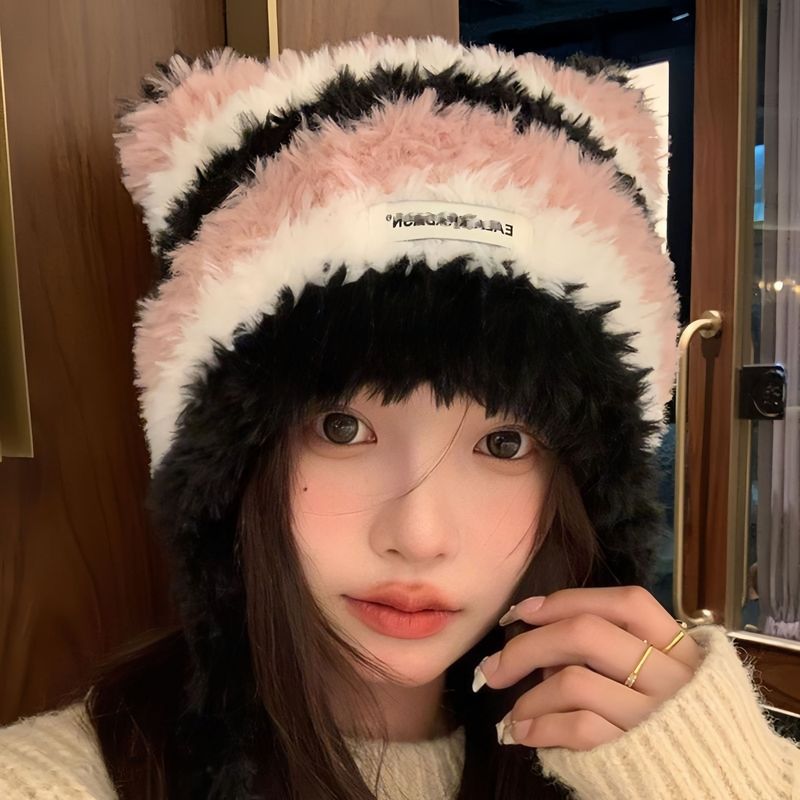 韩版冬季帽子女条纹针织帽毛绒护耳毛线帽保暖百搭可当包包雷锋帽|undefined