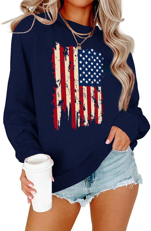 Women's American Sweatshirt with Round Neck, American Flag Sweater, Long Sleeve, July 4Th T-Shirt, Loose Fit Women's American Sweatshirt with Round Neck, American Flag Sweater, Long Sleeve, July 4Th T-Shirt, Loose Fit