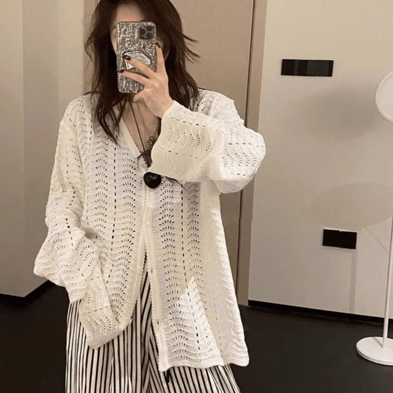 慵懒风镂空白色针织衫上衣女早春2025新款设计感小众百搭开衫外套|undefined