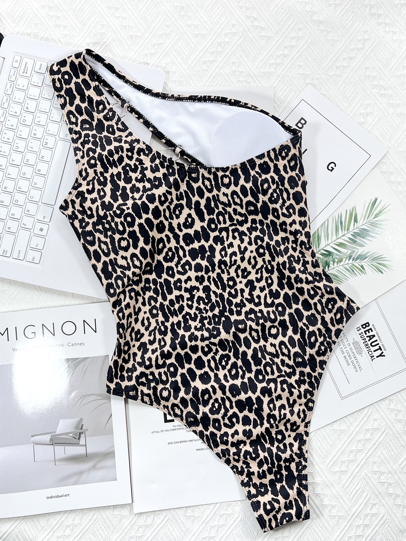 leopard print hollow strap one-piece swimsuit NSDA135015