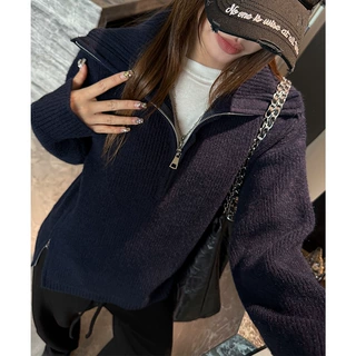 新款针织毛衣拉链翻领长袖外套女宽松版休闲侧开叉设计感纯色上衣
