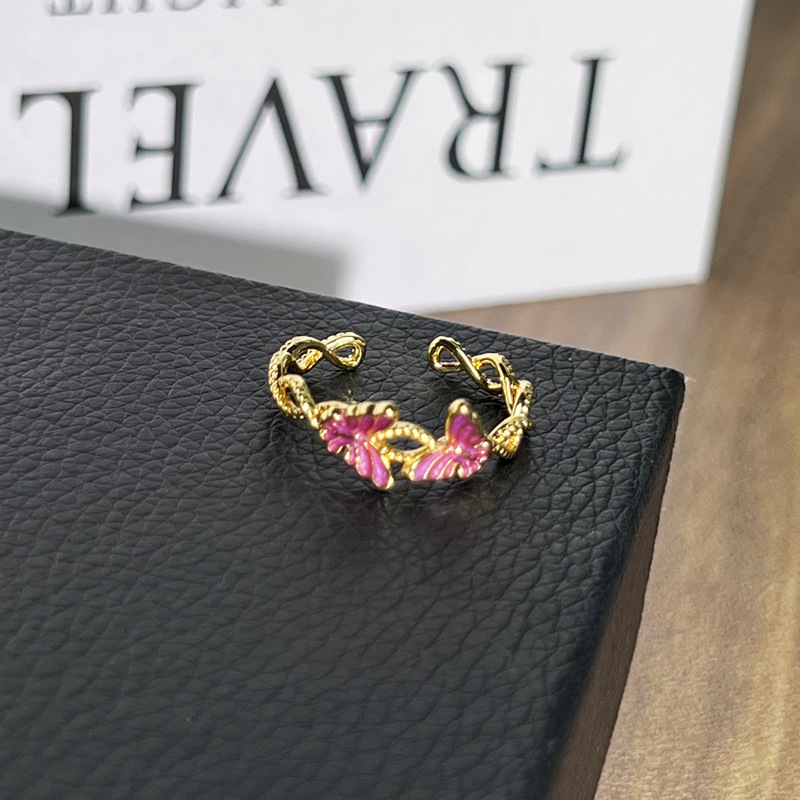 7g Weight Open Rings Classification Adjustable Ring Size 1 Piece Quantity Holiday, Tea Party Occasion Copper Material Flower, Butterfly Pattern All Seasons Season Women's Gender Enamel Design Classic Style, Shiny Style Wholesale Jewelry Classic Style Shiny Flower Butterfly Copper Enamel Open Rings 13