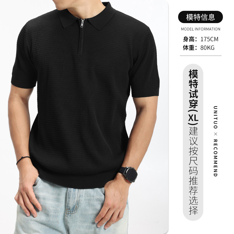 Waffle polo de hielo de punto para hombre con cremallera de collar de manga corta de negocios de alto nivel camiseta casual para hombre