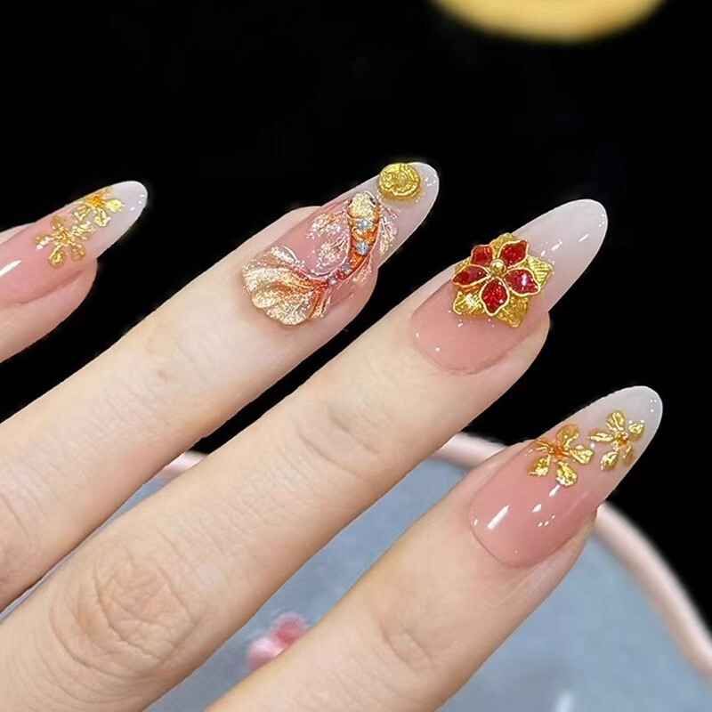 New Chinese Style Handmade Nail Art with Koi Fish and Palace Design, Long Style for Brides