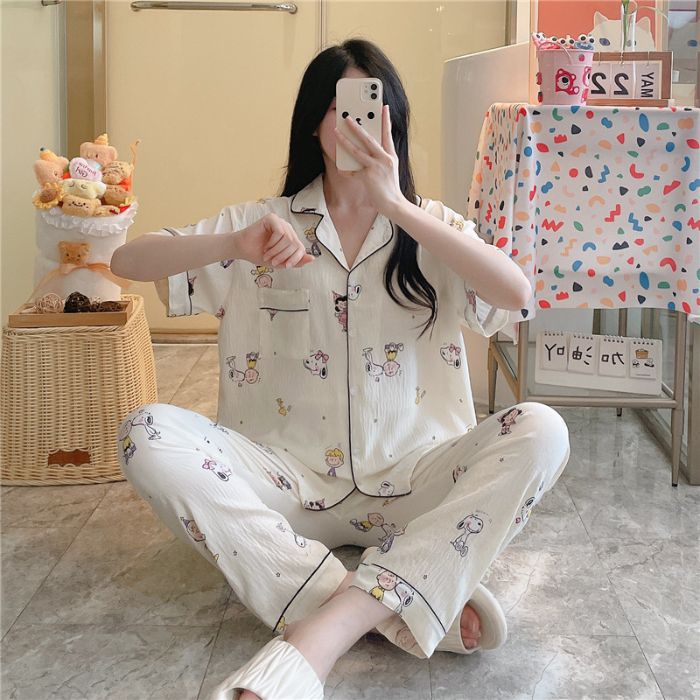 Pijamas transfronterizos al por mayor para mujer nube algodón otoño verano rebeca solapa pantalones de manga corta traje de servicio a domicilio simple y cómodo