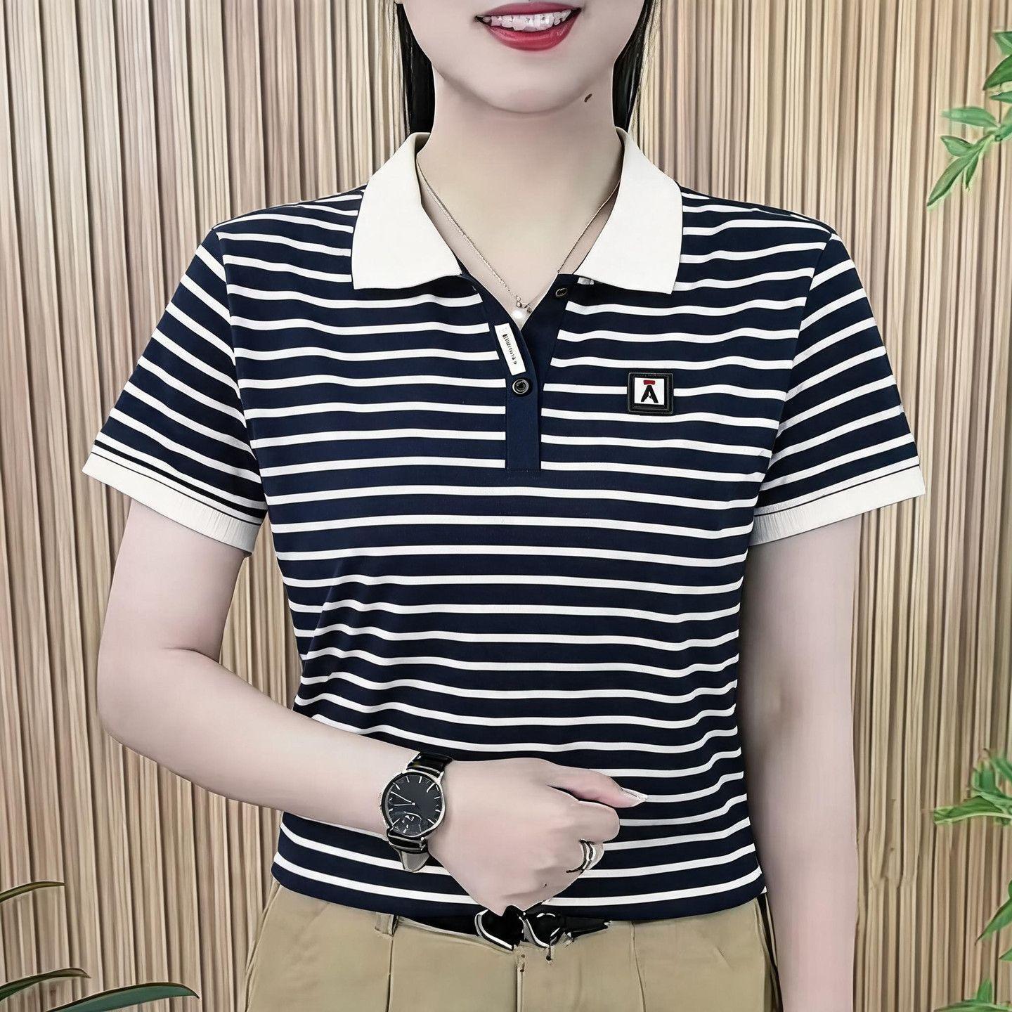Women's fashionable short-sleeved striped collared top for middle-aged mothers, summer 2026 new style, slimming.