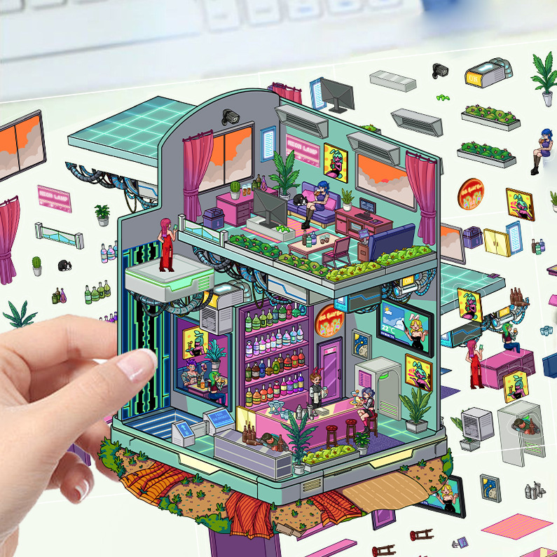 漫画造園ステッカー、さまざまなミニチュア世界 3D キャビン、リトルレッドブック減圧 DIY シーンハンドブックステッカー卸売 PET|undefined