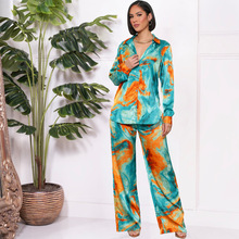 T036 跨境欧美女装复古几何印花翻领宽松衬衫秋季时尚百搭系带收