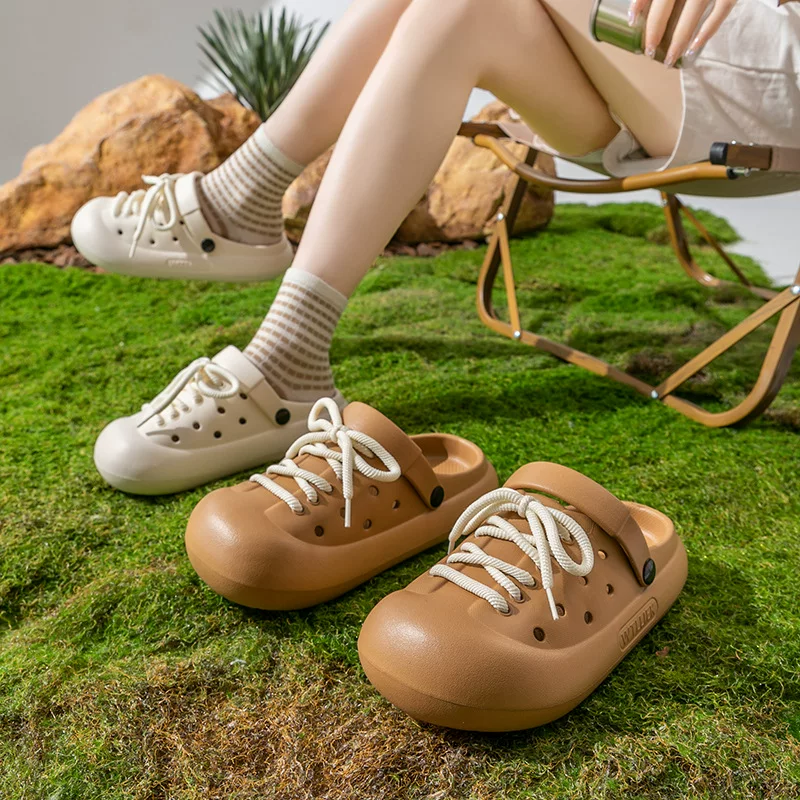 Обувь-слепоны в стиле Crocs для студентов, летние нескользящие пляжные мюли с шнурками, Коллекция 2024 года, корейский стиль, закрытый носок, подходит для улицы