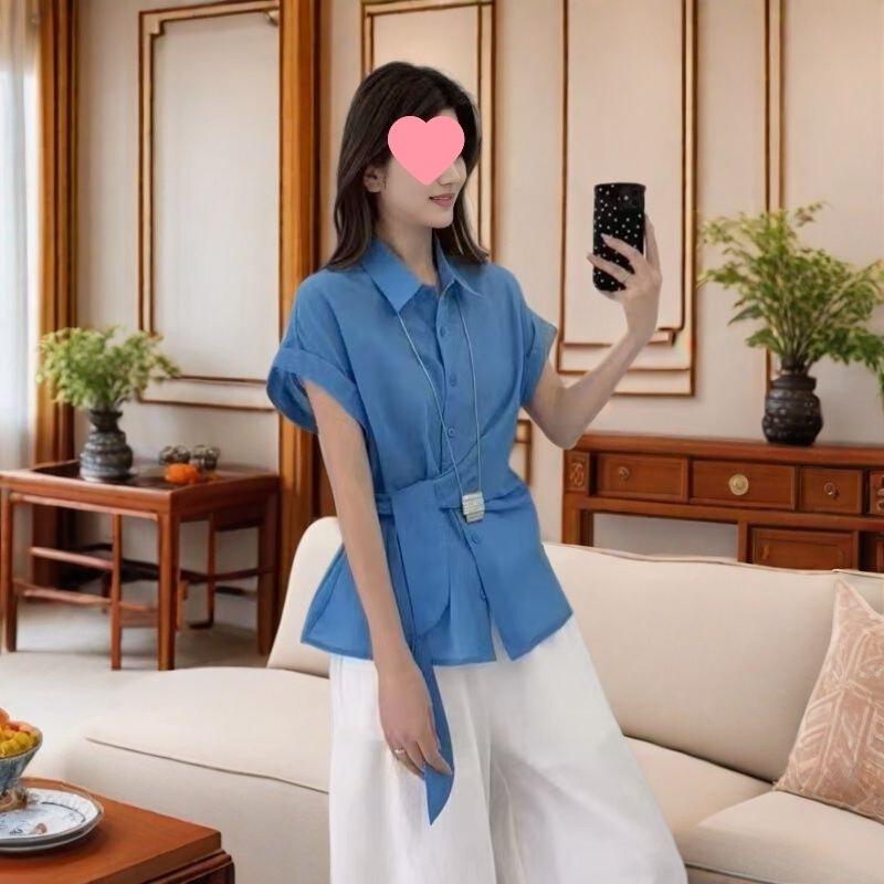 French-Style Tie Waist Short-Sleeve Shirt 2025 Summer New Versatile Design Commuter Elegant Top Shirt
