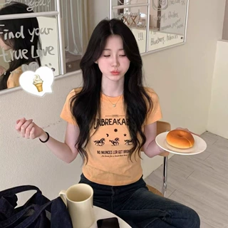美式复古桔色小马印花圆领正肩短袖t恤女夏季修身显瘦休闲上衣潮