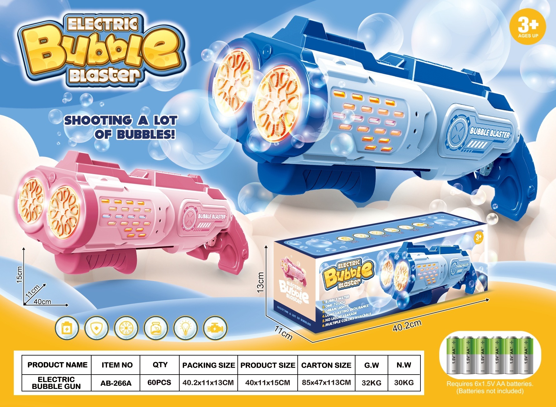 Pistola de burbujas eléctricas porosas de doble cabeza, máquina de burbujas automática para niños de mano, Gatlin
