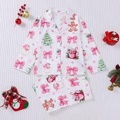 跨境外贸新款四季中童女孩睡衣套装长袖长裤开衫印花kid pajama