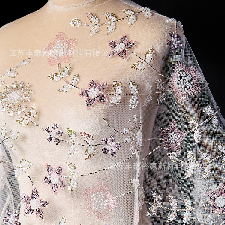 Tejido de bordado de cuentas transparentes, tela de red rosa, tela de bordado de red de flores tridimensionales, tela de bordado de red de flores