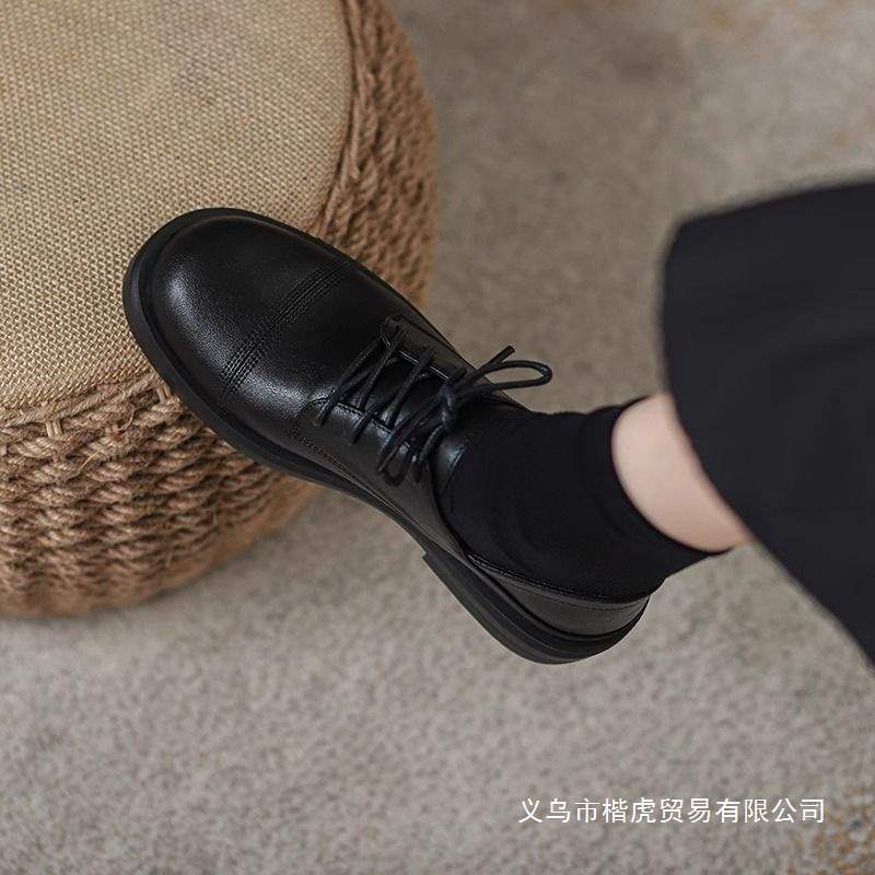 Real Soft Leather Loafers for Women 2025 Spring and Autumn New Style Black Versatile Flats with Laces British Style Small Leather Shoes