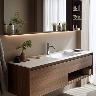 Walnut Color Bathroom Cabinet Combination Smart Bathroom Slate Seamless Basin Washstand Wash Basin Solid Wood