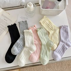 Pure Color Girls Summer Thin Mesh Layered Socks Japanese Casual Cotton Socks with Mushroom Edge Knee-High Socks Individual Packaging