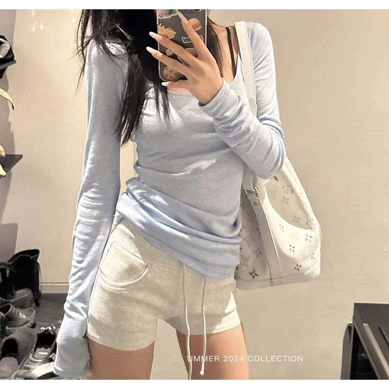 SUN11 Tencel Wool Long-sleeved T-shirt Women's Summer New American Style Thin Slim-fit Sun-protective Slimming Top