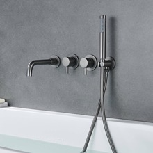 全铜浴室暗装枪灰色浴缸边入墙式冷热水家用瀑布龙头淋浴花洒套装