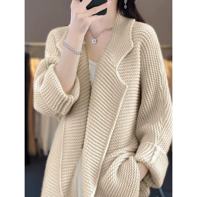 Knitted long cardigan, winter classic suit jacket, solid sweater, mid-length, increased thickness, oversize