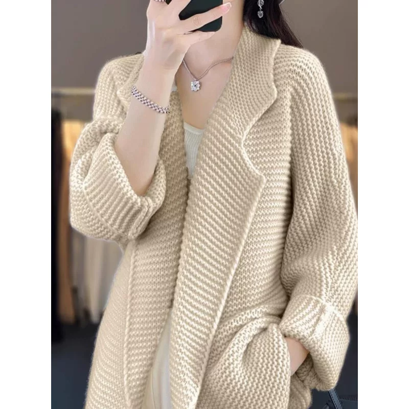 Knitted long cardigan, winter classic suit jacket, solid sweater, mid-length, increased thickness, oversize